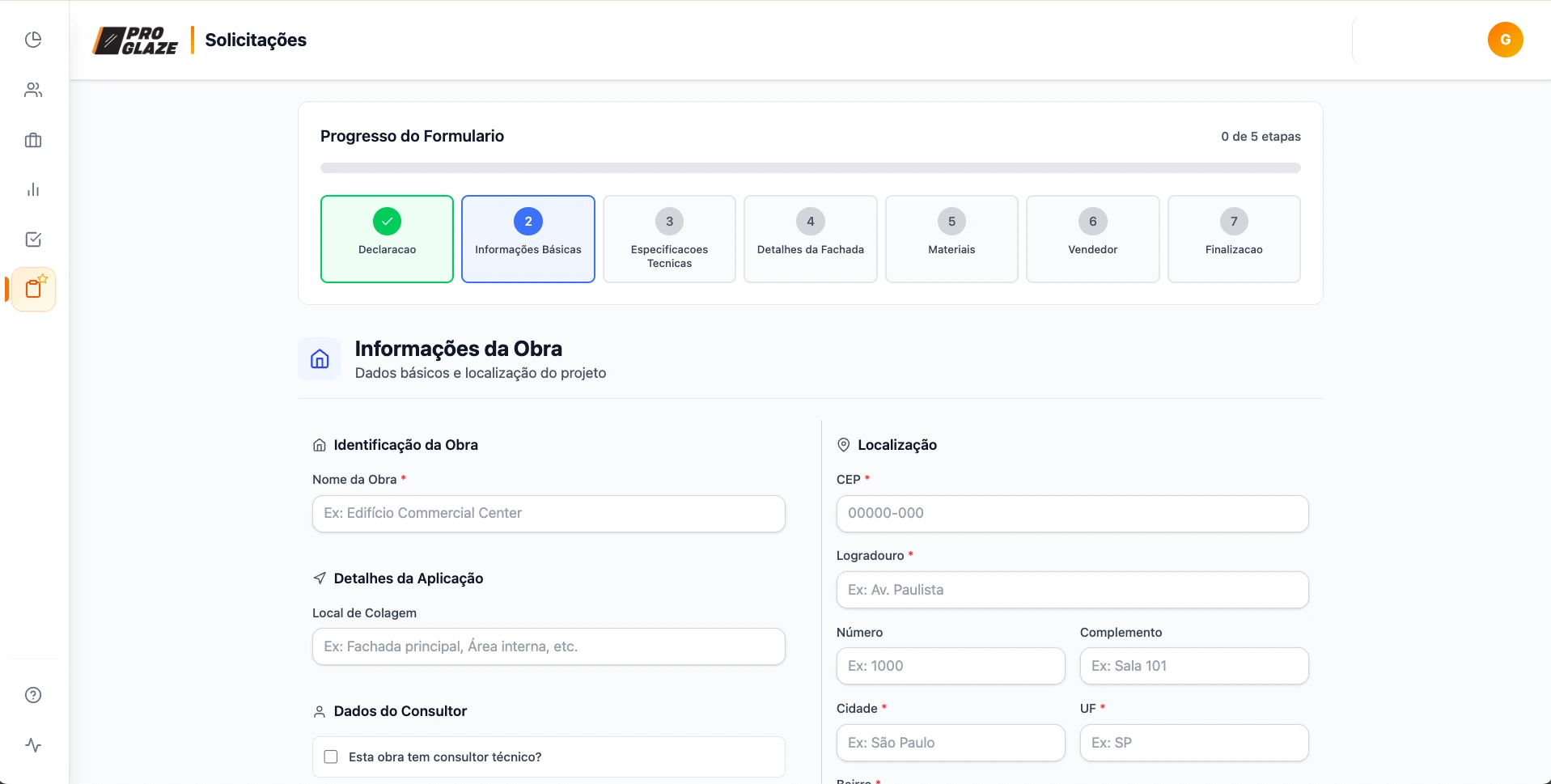 Cadastro de obra no sistema Pro Glaze