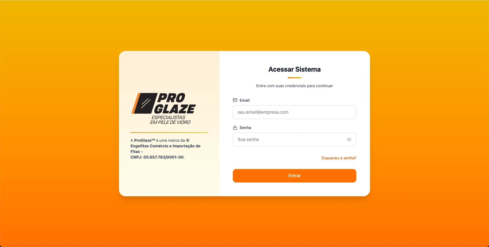 Tela de login do sistema Pro Glaze